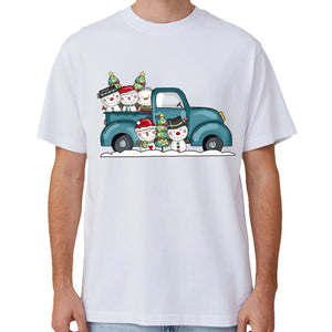 100% Cotton Christmas T-shirt Adult Unisex Tee Tops Funny Santa Party Custume, Car with Snowman (White), XL