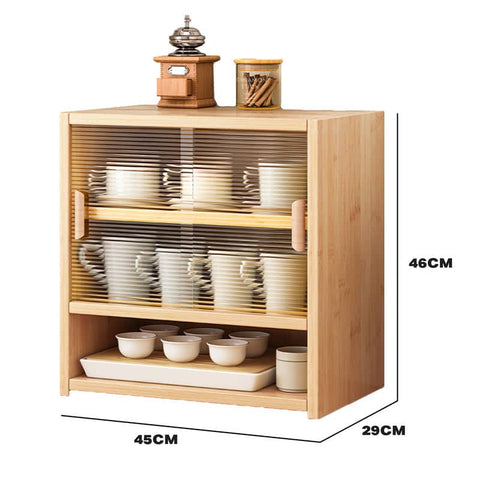 Bamboo Dustproof Cup Storage Cabinet with Sliding Acrylic Door