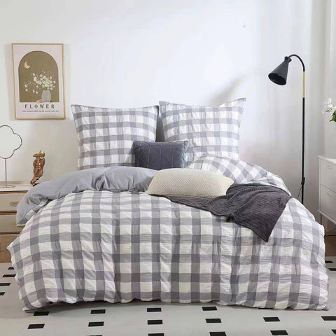 Rylee Grey Check Seersucker Quilt Cover Set - King Size