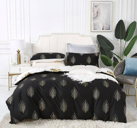 Reversible Design Queen Size Black Gold Duvet Doona Quilt Cover Set