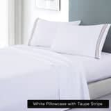 white soft microfibre sheet set with colourful embroidered stripe queen taupe stripe