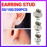 50/100/200PCS Earring Stud Posts Pads+Nut Backs Silvery Surgical Steel DIY Craft