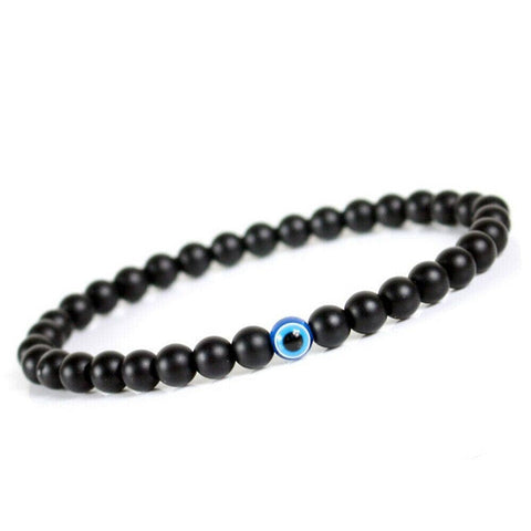 Turkish Greek Evil Eye Bracelet 6mm Elastic Cord Black Bead Handmade Unisex