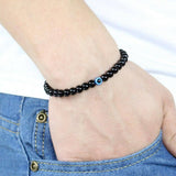 Turkish Greek Evil Eye Bracelet 6mm Elastic Cord Black Bead Handmade Unisex