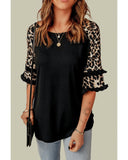 Azura Exchange Leopard Patchwork Ruffled Sleeve Top - M