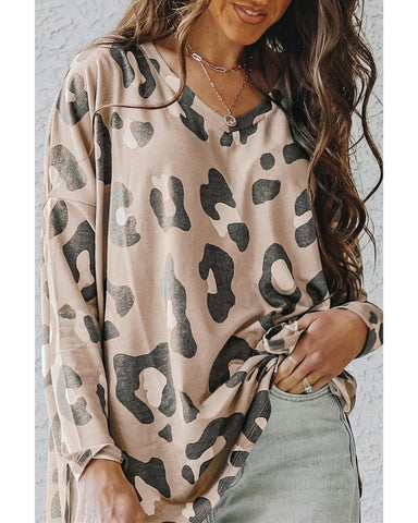 Azura Exchange Leopard Print V Neck Long Sleeve Top - S