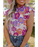 Azura Exchange Flutter Sleeves Floral Top with Stand Collar - S