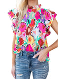 Azura Exchange Abstract Floral Print Frilled Neck Pleated Blouse - L