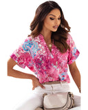 Azura Exchange Abstract Floral Print Notch V Neck Blouse - L