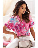 Azura Exchange Abstract Floral Print Notch V Neck Blouse - M