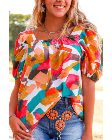 Azura Exchange Abstract Print Square Neck Short Sleeve Blouse - L