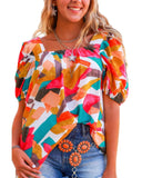 Azura Exchange Abstract Print Square Neck Short Sleeve Blouse - L