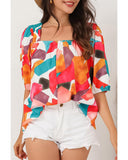 Azura Exchange Abstract Print Square Neck Short Sleeve Blouse - L