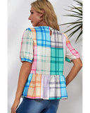 Azura Exchange Bold Plaid Color Block Puff Sleeve Peplum Top - L