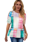 Azura Exchange Bold Plaid Color Block Puff Sleeve Peplum Top - L