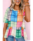 Azura Exchange Bold Plaid Color Block Puff Sleeve Peplum Top - S