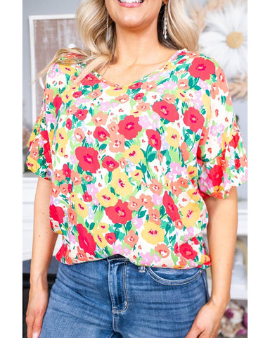 Azura Exchange Ruffled V Neck Floral Print Blouse - S