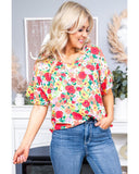 Azura Exchange Ruffled V Neck Floral Print Blouse - S