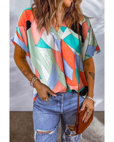 Azura Exchange Irregular Color Block Printed Short Sleeve Blouse - S