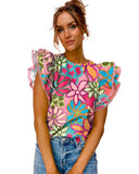 Azura Exchange Vibrant Floral Print Ruffle Sleeve Blouse - S