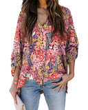 Azura Exchange Boho Floral Long Sleeve V-Neck Blouse - L