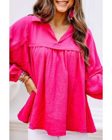 Azura Exchange Crinkled V-Neck Bubble Sleeve Blouse - M