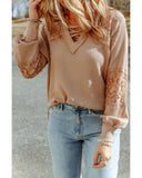 Azura Exchange Lace Waffle Patchwork Strappy V Neck Long Sleeve Top - L