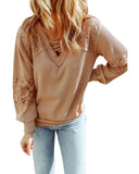 Azura Exchange Lace Waffle Patchwork Strappy V Neck Long Sleeve Top - M