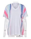 Azura Exchange Patchwork V Neck T-Shirt with Stripe Detail - L