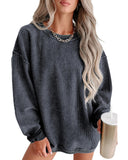 Azura Exchange Gray Ribbed Knit Round Neck Pullover Sweatshirt - S