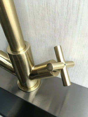 2023 Brushed Brass Gold Cross 1/4 turn hot cold Solid stainless steel  goose neck Swivel Kitchen tap