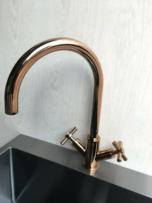 2023 Brushed Brass Gold Cross 1/4 turn hot cold Solid stainless steel  goose neck Swivel Kitchen tap