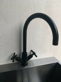 2023 Matte Black Cross 1/4 turn hot cold Solid stainless steel  goose neck Swivel Kitchen tap