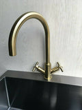 2023 Matte Black Cross 1/4 turn hot cold Solid stainless steel  goose neck Swivel Kitchen tap