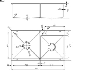 2023 Double Burnished brushed stainless steel kitchen sink hand trough 800*450*220 mm with tap hole