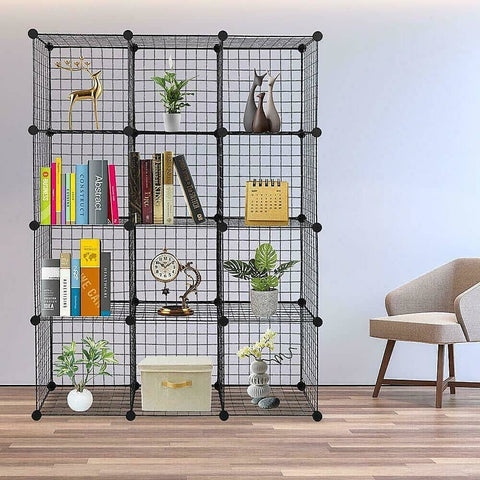 12 Cube Wire Grid Organiser Bookcase Storage Cabinet Wardrobe Closet Black