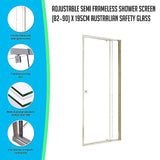 Adjustable Semi Frameless Shower Screen (82~90) x 195cm Australian Safety Glass