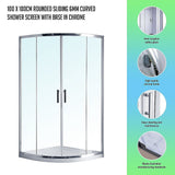 100 x 100cm Rounded Sliding 6mm Curved Shower Screen with Base in Chrome