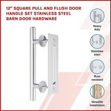 12" Square Pull and Flush Door Handle Set Stainless Steel Barn Door Hardware