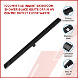 1000mm Tile Insert Bathroom Shower Black Grate Drain w/Centre outlet Floor Waste