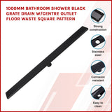 1000mm Bathroom Shower Black Grate Drain w/Centre outlet Floor Waste Square Pattern