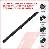 1200mm Bathroom Shower Black Grate Drain w/Centre outlet Floor Waste Square Pattern