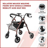 Rollator Walker Walking Frame With Wheels Zimmer Mobility Aids Seat Red