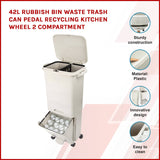 42L Rubbish Bin Waste Trash Can Pedal Recycling Kitchen Wheel 2 Compartment