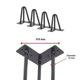 Set of 4 Industrial 3-Rod Retro Hairpin Table Legs 12mm Steel Bench Desk - 11cm Black