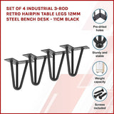 Set of 4 Industrial 3-Rod Retro Hairpin Table Legs 12mm Steel Bench Desk - 11cm Black