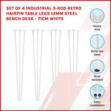 Set of 4 Industrial 3-Rod Retro Hairpin Table Legs 12mm Steel Bench Desk - 71cm White