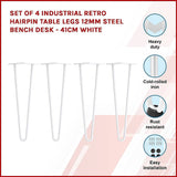 Set of 4 Industrial Retro Hairpin Table Legs 12mm Steel Bench Desk - 41cm White