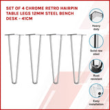 Set of 4 Chrome Retro Hairpin Table Legs 12mm Steel Bench Desk - 41cm