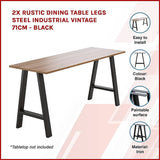 2x Rustic Dining Table Legs Steel Industrial Vintage 71cm - Black